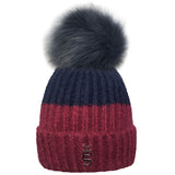 Two Tone Beanie Bobble Hat With Large Faux Fur Pom Pom