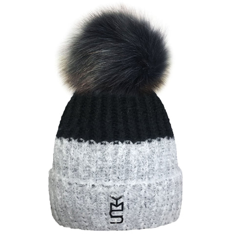 Two Tone Beanie Bobble Hat With Large Faux Fur Pom Pom