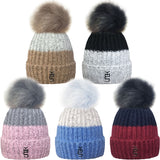 Two Tone Beanie Bobble Hat With Large Faux Fur Pom Pom