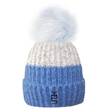 Two Tone Beanie Bobble Hat With Large Faux Fur Pom Pom