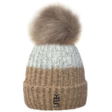 Two Tone Beanie Bobble Hat With Large Faux Fur Pom Pom