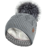 grey winter beanie hats for women with faux fur pom pom
