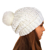 cream sparkle pom pom beanie hat