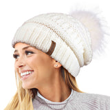 Textured Knit Beanie Hat with Detachable Pom Pom