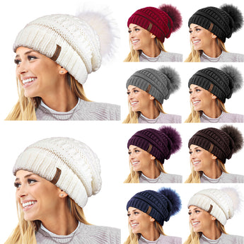 Textured Knit Beanie Hat with Detachable Pom Pom
