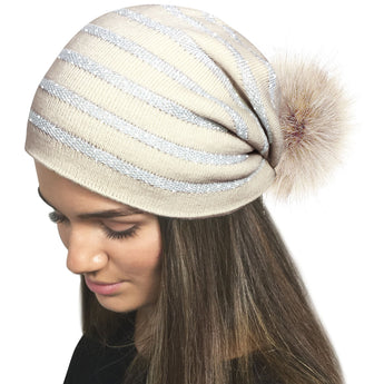 Fine Knit Glitter Stripe Winter Beanie Bobble Hat