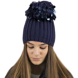 navy stylish beanie hats with sequin pom pom