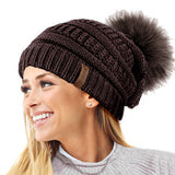 Textured Knit Beanie Hat with Detachable Pom Pom