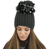 dark grey sequin pom pom beanie hat