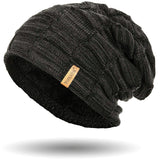 black fleece lined slouch beanie hat