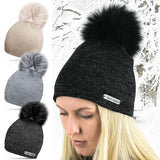 Glitter Winter Beanie Hat with Faux Fur Pom Pom