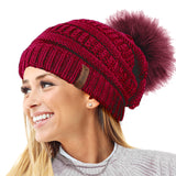Textured Knit Beanie Hat with Detachable Pom Pom