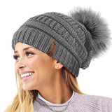 Textured Knit Beanie Hat with Detachable Pom Pom