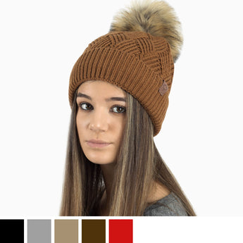 ladies winter beanie hat with faux fur pom pom