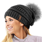 Textured Knit Beanie Hat with Detachable Pom Pom