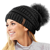 Textured Knit Beanie Hat with Detachable Pom Pom