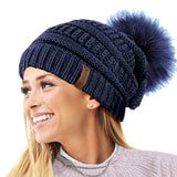 Textured Knit Beanie Hat with Detachable Pom Pom